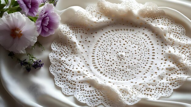 Photo white lace doily on white fabric illustration