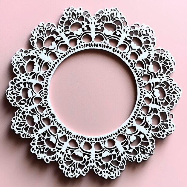 Photo white lace round frame on pink background