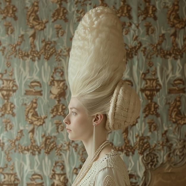 Photo white lady with tall skinny beehive haircut and pearl accessories