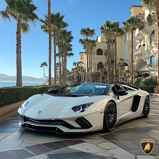 Photo a white lamborghini aventador s roadster front view shot on an iphone pro max