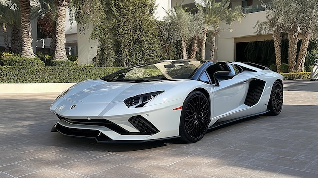 A white Lamborghini Aventador S roadster front view shot on an iPhone Pro Max