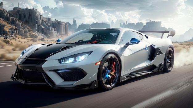 A white lamborghini on a road with a city in the background