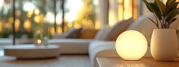 Photo a white lamp on a wooden table in a living room