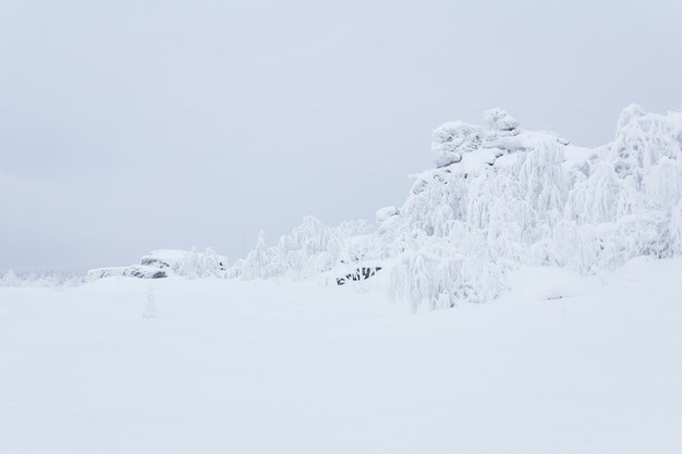 White landscape  a rocky plateau covered with deep snow under a winter sky