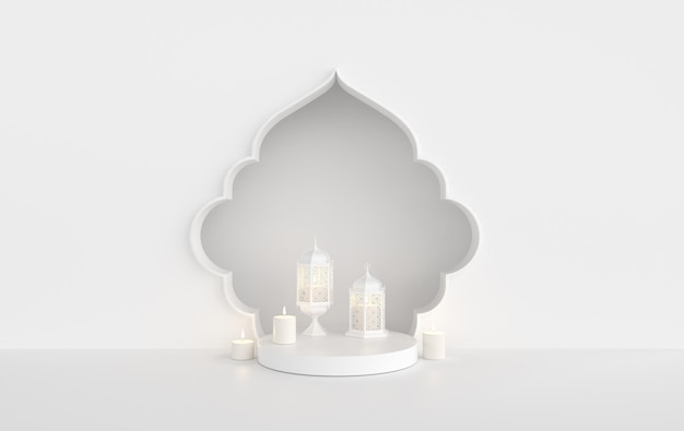 White lantern with candle lamp with arabic decoration 3d rendering interior