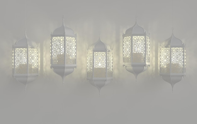 White lantern with candle lamp with arabic decoration arabesque design Ramadan Kareem