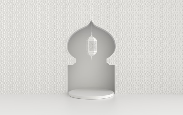 White lantern with candle lamp with arabic decoration window or door podium Ramadan kareem