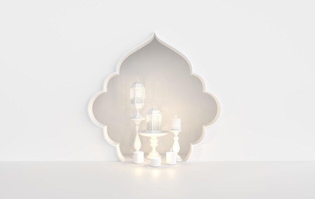 White lantern with candle lamp with arabic decoration window Ramadan kareem interior