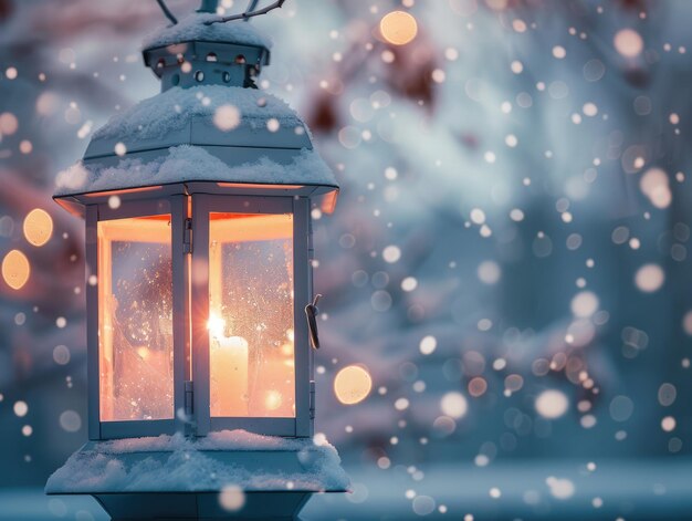 White Lantern with Snowfall in a Christmas Background