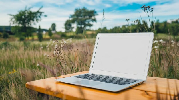 Photo a white laptop sits on a wooden desk in a field