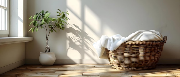 White laundry basket on wooden floor with white blanket few clothes bright room Concept Laundry Room Decor Minimalist Laundry Basket Cozy Blanket in Bright Room Clean and Fresh Clothes