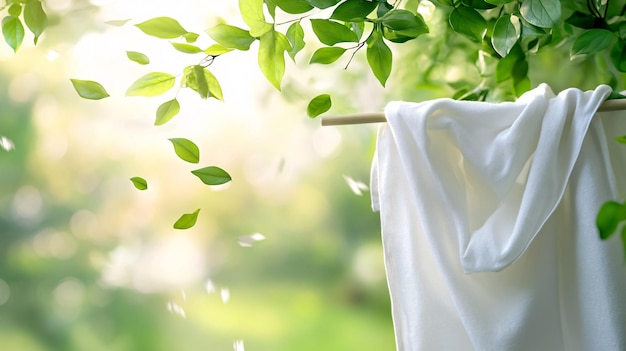 White laundry drying on a clothesline with falling leaves in the background