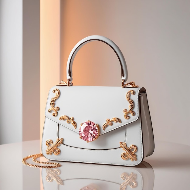 a white leather handbag with a pink flower on the front