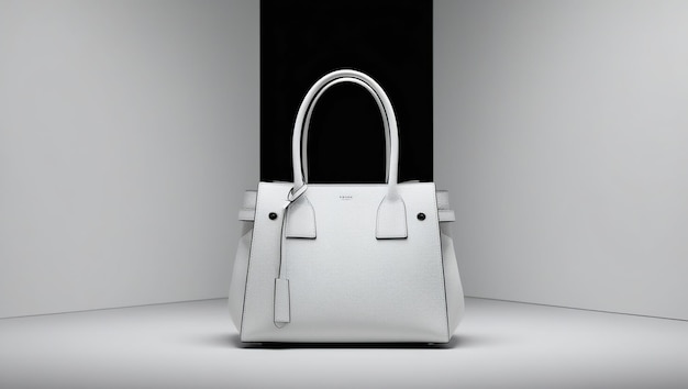 Photo a white leather handbag with a single strap and a small silver clasp on a white and black background