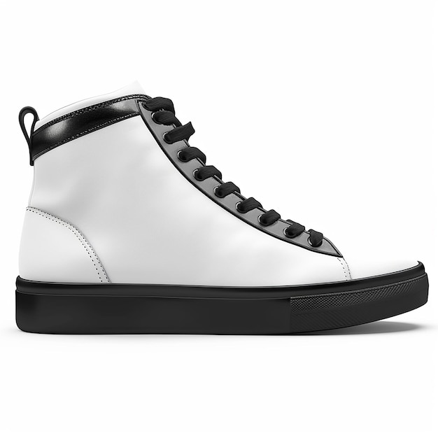 White Leather High Top Sneakers with Black Soles and black Laces