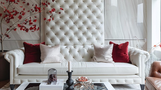 Photo a white leather sofa with red accents and a red and white tufted headboard