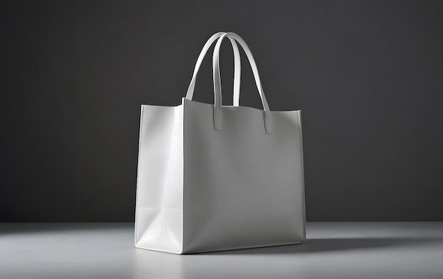 White Leather Tote Bag on Gray Background