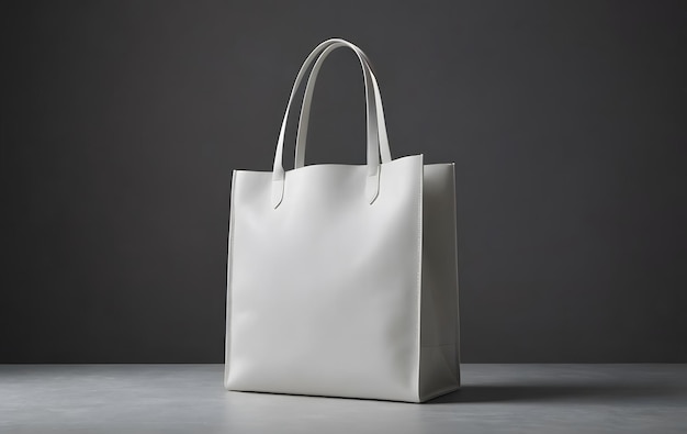 White Leather Tote Bag on Grey Background