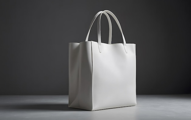 White Leather Tote Bag on a Grey Background