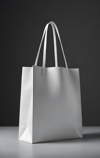 White Leather Tote Bag on Grey Background