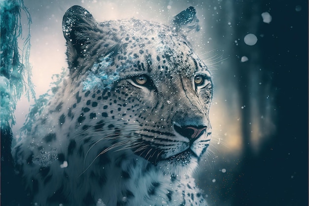 White leopard face in snow winter forest predator in wilderness