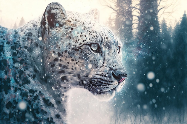 White leopard face in snow winter forest predator in wilderness