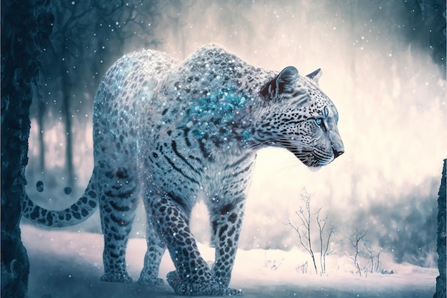 White leopard face in snow winter forest predator in wilderness