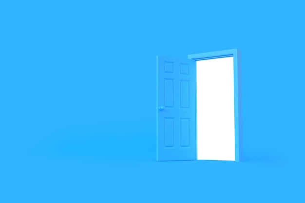 White light shines from an open door in blue background room Architectural design element 3D render