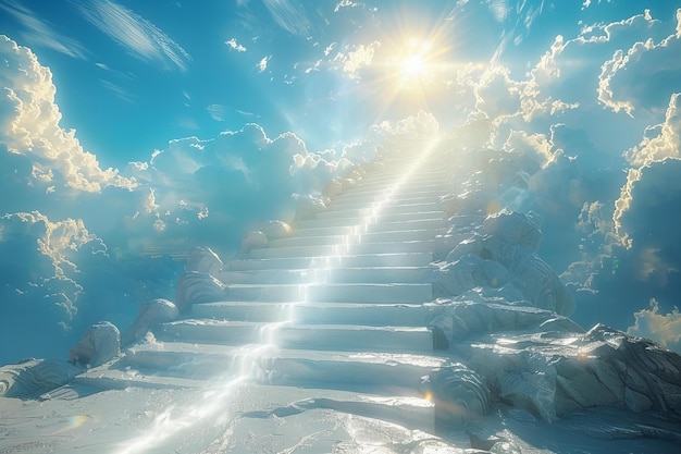 A white light shines on the steps leading to heaven creating an ethereal atmosphere the background