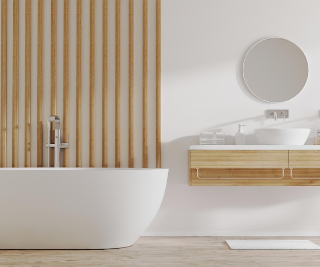 White and light wood bathroom interior with bathtub and sink with cabinets round mirror bath accessories 3d rendering