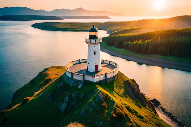 A white lighthouse sits on a cliff overlooking a lake.