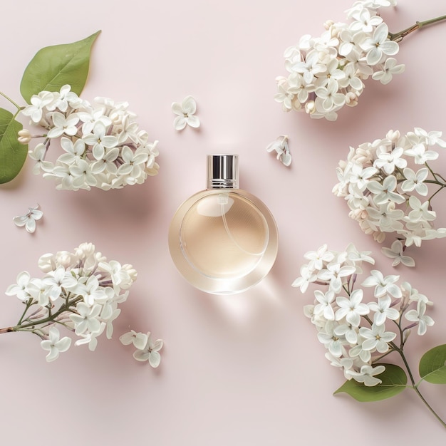 White lilac floral perfume bottle mockup