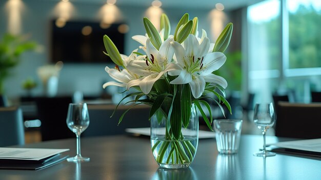 White Lilies Centerpiece in a Modern Dining Room Generative Ai