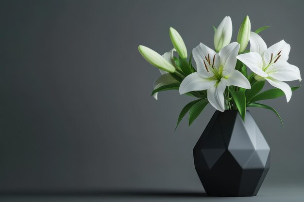 White lilies in a geometric black vase on a grey background