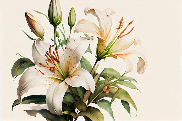 White lilies watercolor on white background AI Generated