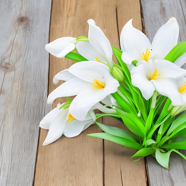 white lilies on a wooden table with a wooden background