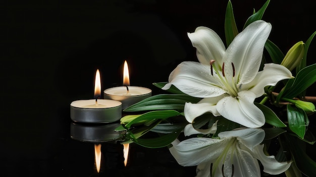 White Lily and Burning Candles on Black Background