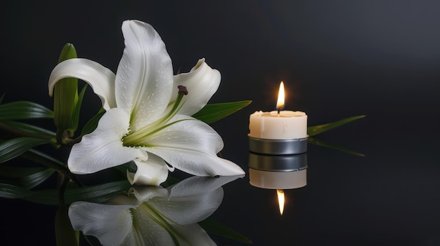 White Lily and Candle on Black Background