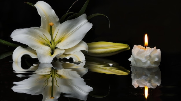 Photo white lily and candle reflection