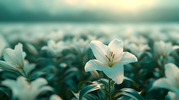 White Lily in a Field of Flowers at Sunset