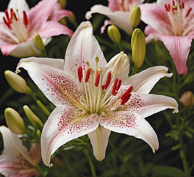 White lily flowers on a dark background Closeup