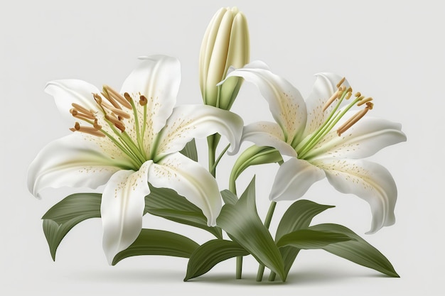 White lily flowers on white background flower pattern copy space and space for text mother39s day greeting card women39s day wedding Generative AI