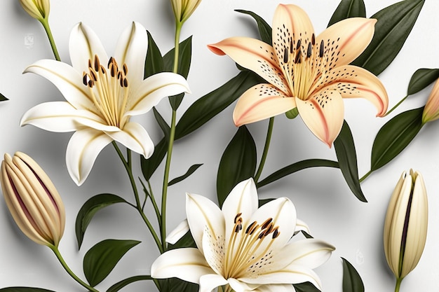 White lily flowers on white background flower pattern copy space and space for text mother39s day greeting card women39s day wedding Generative AI