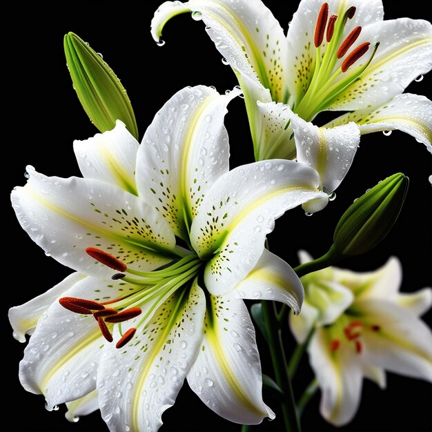 a white lily with yellow and green leaves and a black background