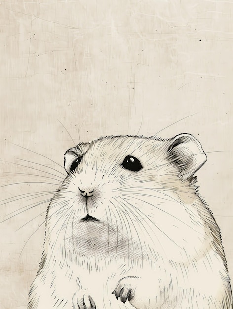 Photo white line art of a hamster on a light beige textured background with gentle shadows the hamster is