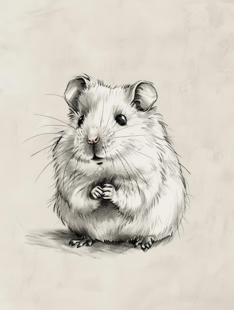 Photo white line art of a hamster on a light beige textured background with gentle shadows the hamster is