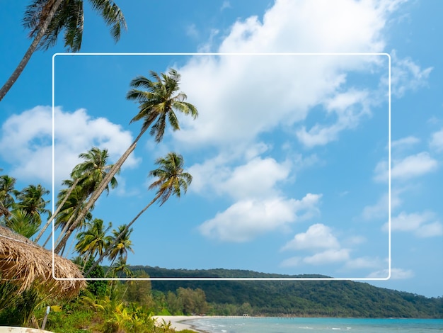 White line frame on seascape background Summer background with tropical coconut palm tree island sea and sandy beach on blue sky on sunny day summertimes scene holiday vacation poster concept