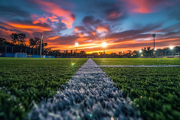 Photo a white line on a soccer field with a sunset in the background