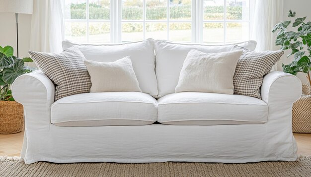 Photo white linen sofa with plaid cushions knit blanket bright airy living room with a cozy atmosphere