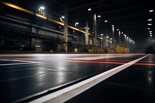 White lines painted on a shipyard floor